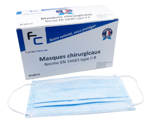 Masque chirurgicaux 3 plis bleus TIIR, virucides (x50)  - JUSQU'A RUPTURE DE STOCK